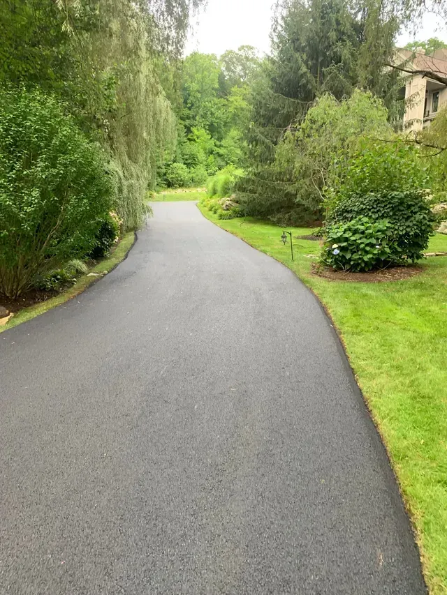 Asphalt driveway curves through lush green landscaping.