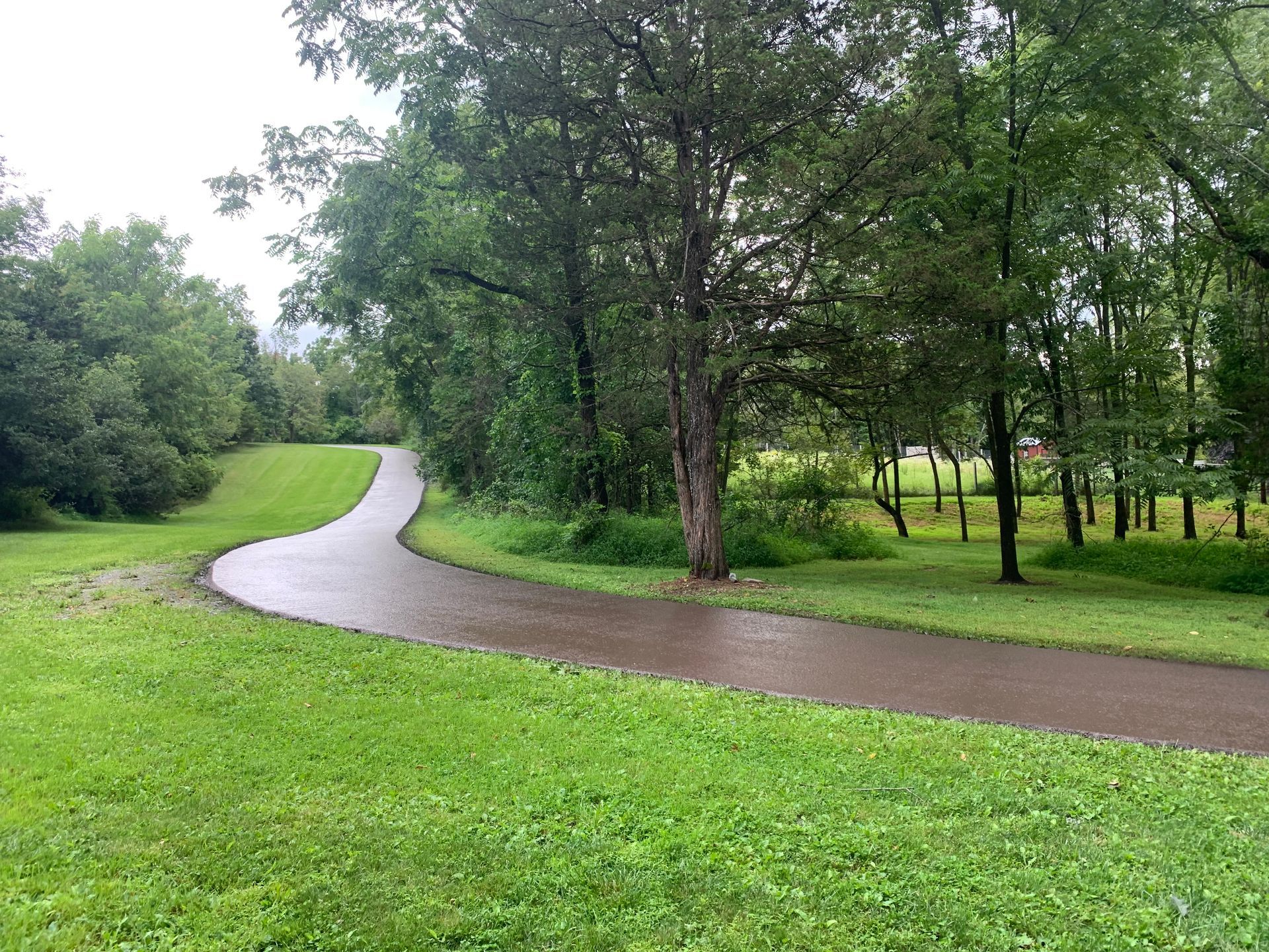 A paved walking path curves through a lush green park surrounded by trees on a cloudy day.