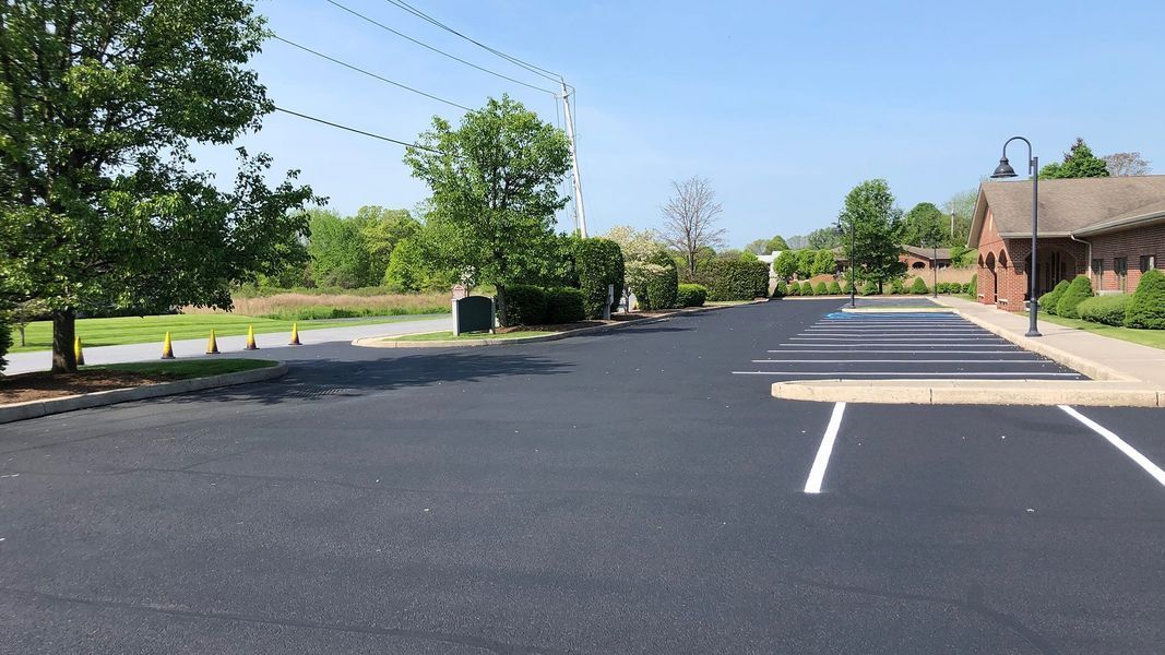 Empty asphalt parking lot next to a building and trees on a sunny day.