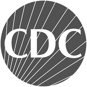 CDC logo in white on a dark circular background with radiating lines