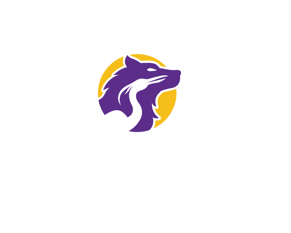 Purple wolf head logo in a yellow circle on a white background