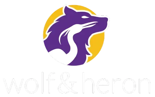 Purple wolf logo inside a yellow circle with the word “wolfacheron” below
