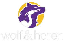 Purple wolf logo inside a yellow circle with the word “wolfacheron” below