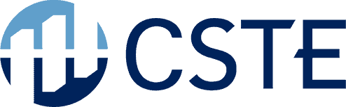 Blue and white CSTE logo with stylized building icon and “CSTE” text