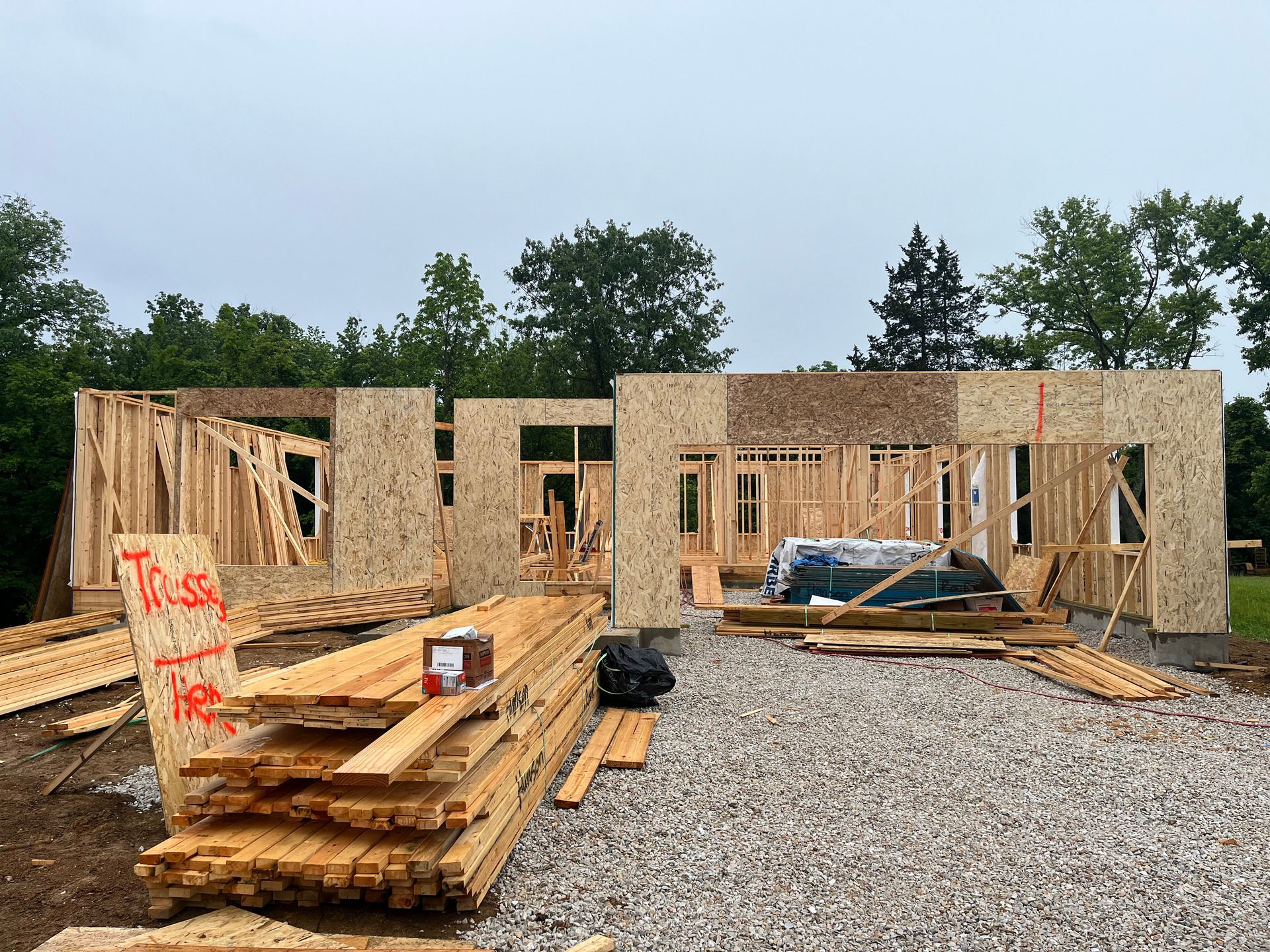 Wood-framed house under construction with lumber stacks and plywood on gravel under a cloudy sky