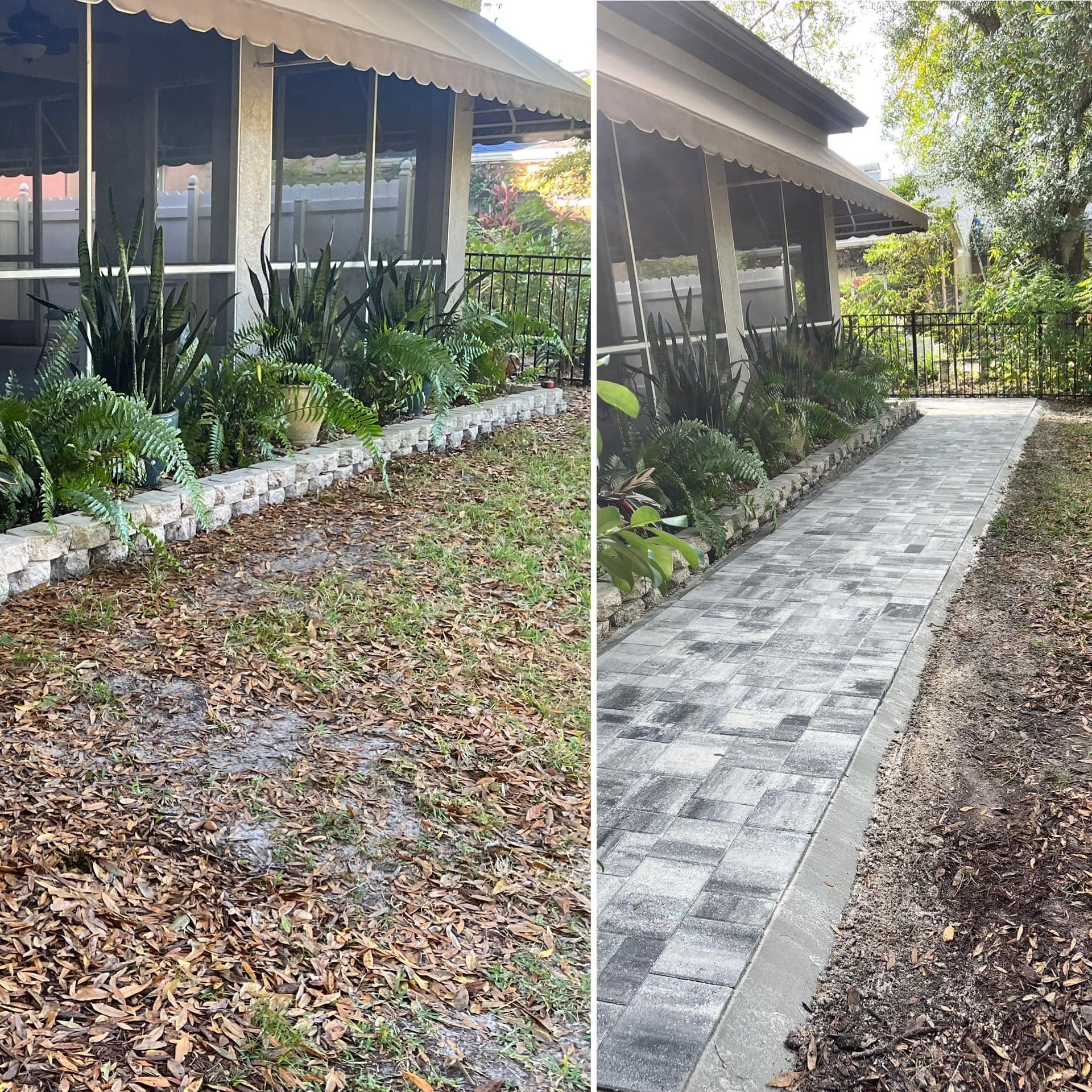 Before and after of a walkway. The left side is covered in leaves, the right side is a paved walkway.