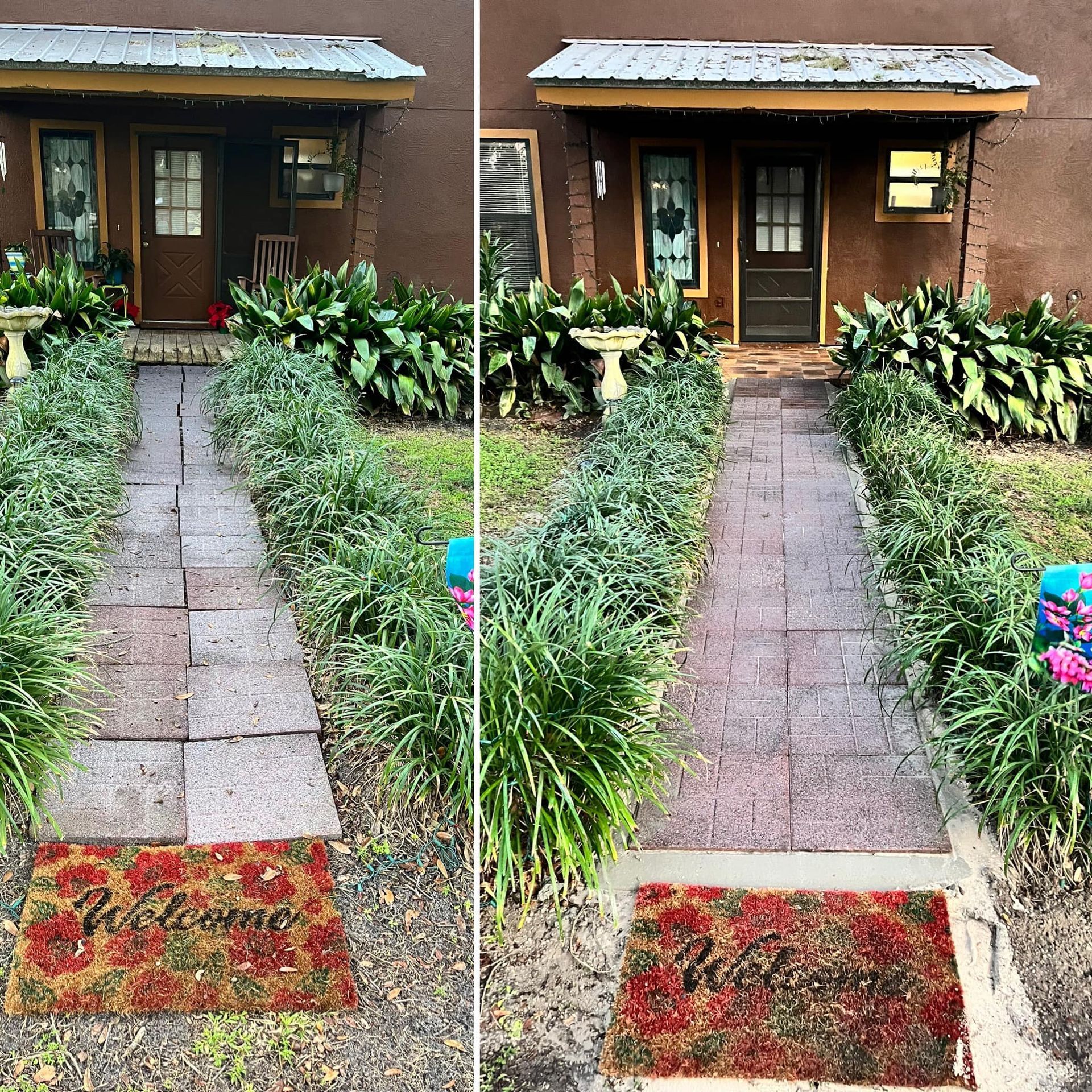 Two side-by-side photos of a home entrance, before and after pressure washing the brick path, revealing a 