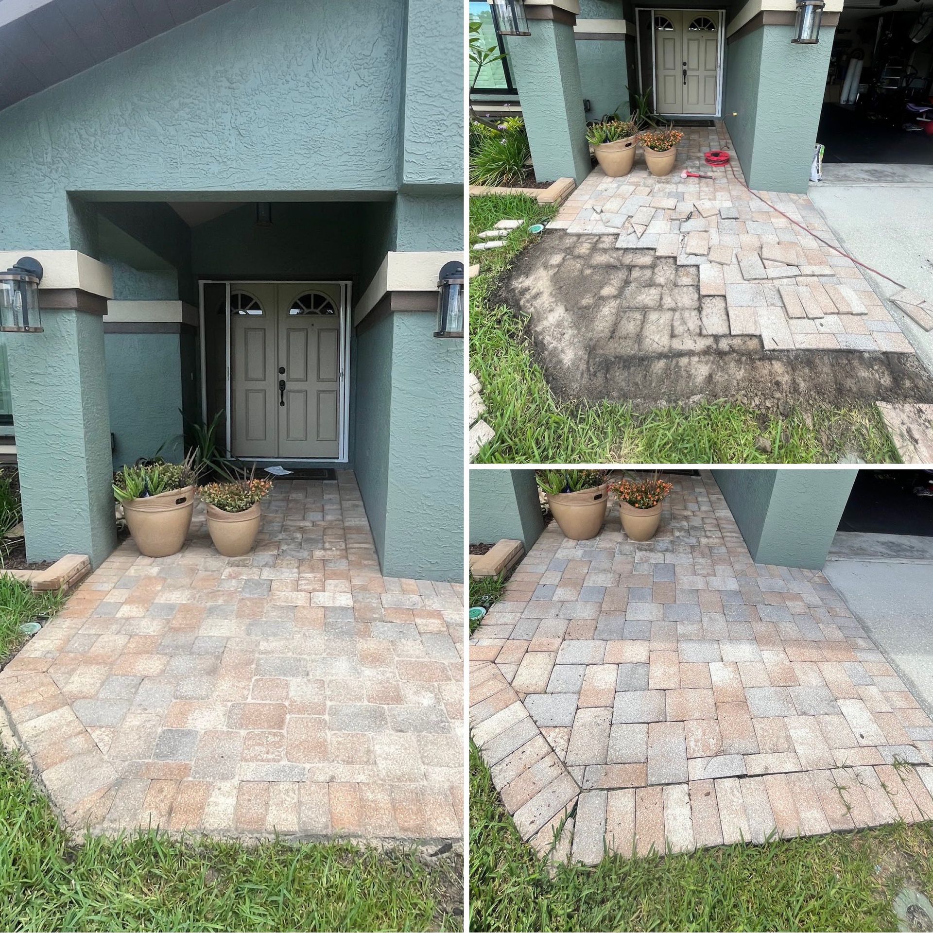 Before-and-after of a walkway cleaning. Dark bricks before, light bricks after cleaning in front of a house.