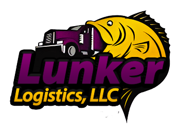 Logo for Lunker Logistics, LLC. A truck with a purple cab is inside a yellow fish's mouth. Text in purple and yellow.