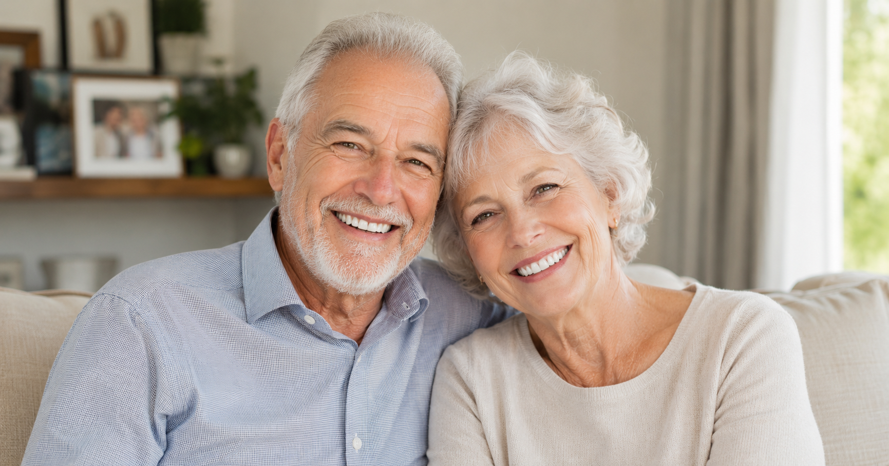 Duas pessoas sorrindo, um sorriso com ponte dentária e outro sorriso com implante dentário.