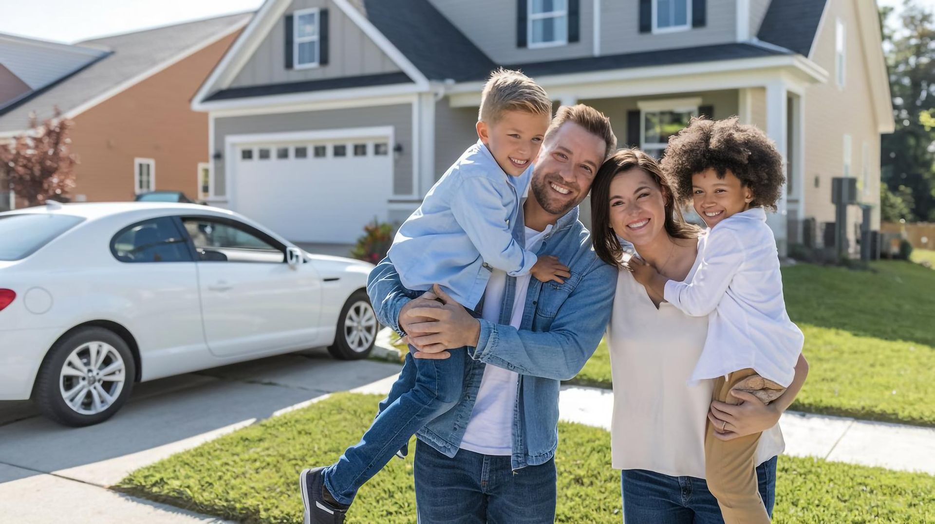 Family of four smiling in front of their home; man holding one child, woman holding the other.