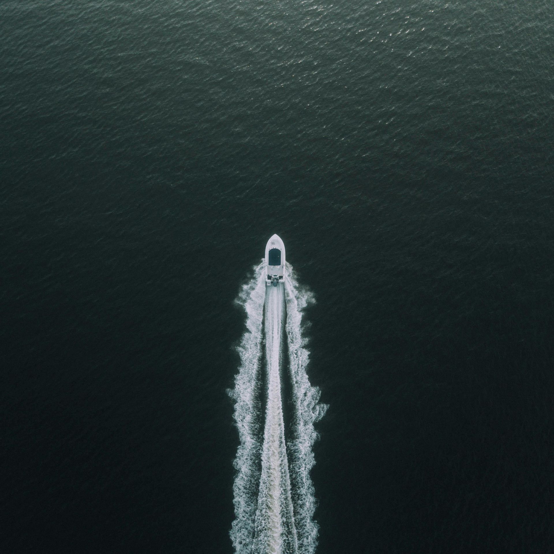 White motorboat speeding across dark water, leaving a white wake trail.