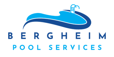 A logo for bergheim pool services with a blue wave