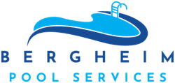 A logo for bergheim pool services with a blue wave