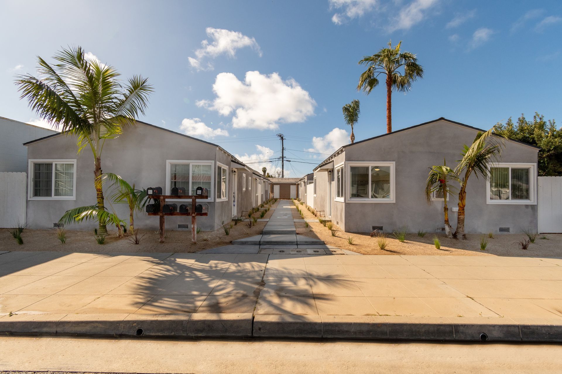 A row of houses with palm trees in front of them