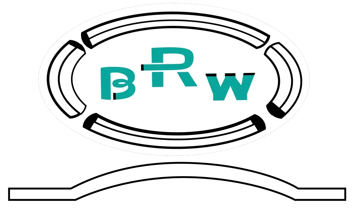 Stylized black and teal BRW logo inside an oval, above a curved black line on a white background