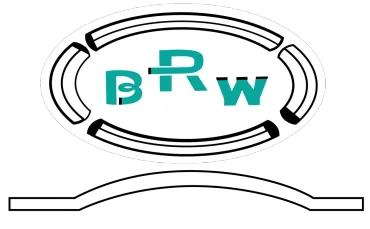 Black and teal BRW logo inside a black oval with curved stripes on a white background