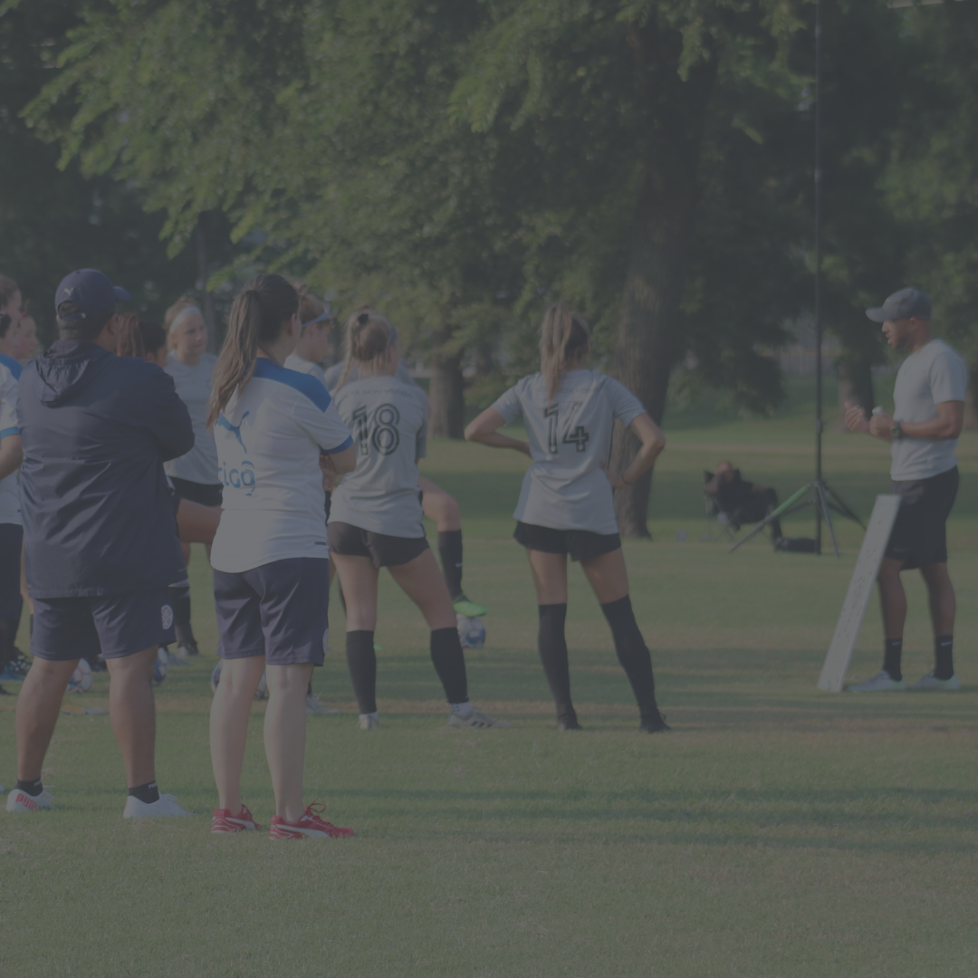 Soccer team on a green field, coach giving instructions. Players in gray and dark blue attire.
