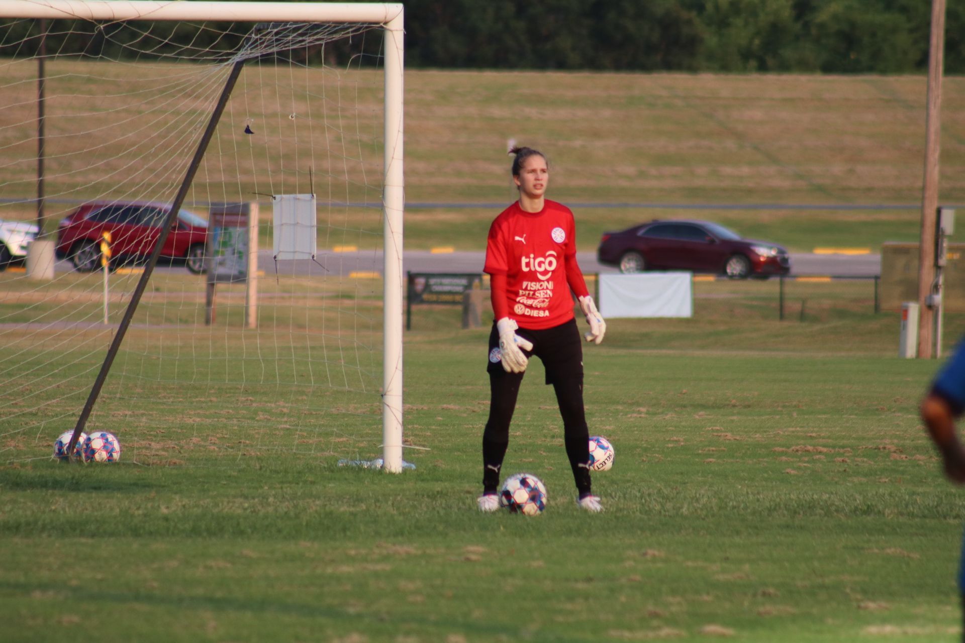 Soccer goalie in red jersey and black pants, standing in front of the goal on a field.