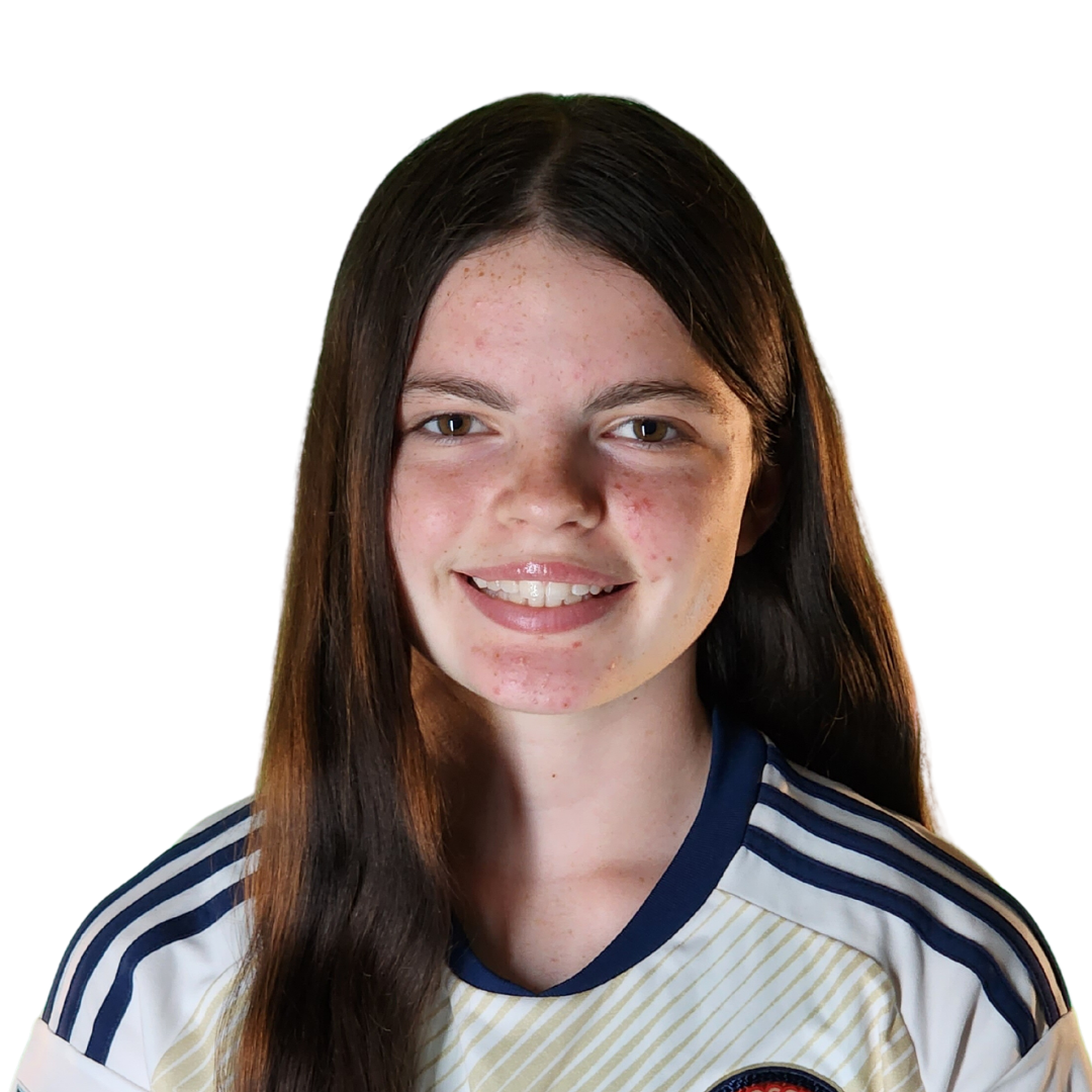 Young woman with long dark hair smiling, wearing a light-colored jersey.