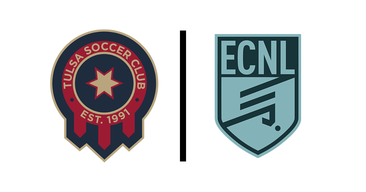 Logos: Tulsa Soccer Club and ECNL, side by side. Tulsa logo is red, blue, with a star. ECNL logo is blue.