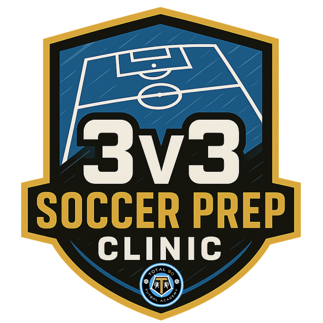 Logo for a 3v3 Soccer Prep Clinic. Blue and gold shield with soccer field graphic.