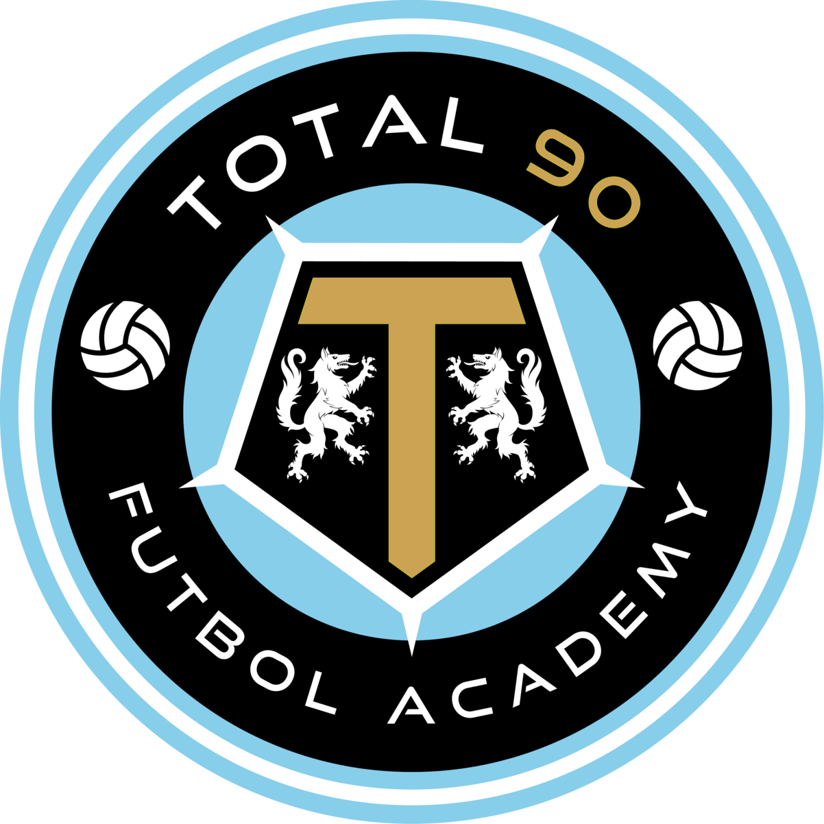 Logo for Total 90 Futbol Academy. Black, light blue, gold and white circular emblem with soccer balls and a stylized “T”.