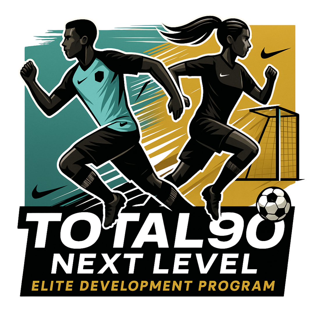 Illustration of a running man and woman in soccer gear; Total90 Next Level program logo.