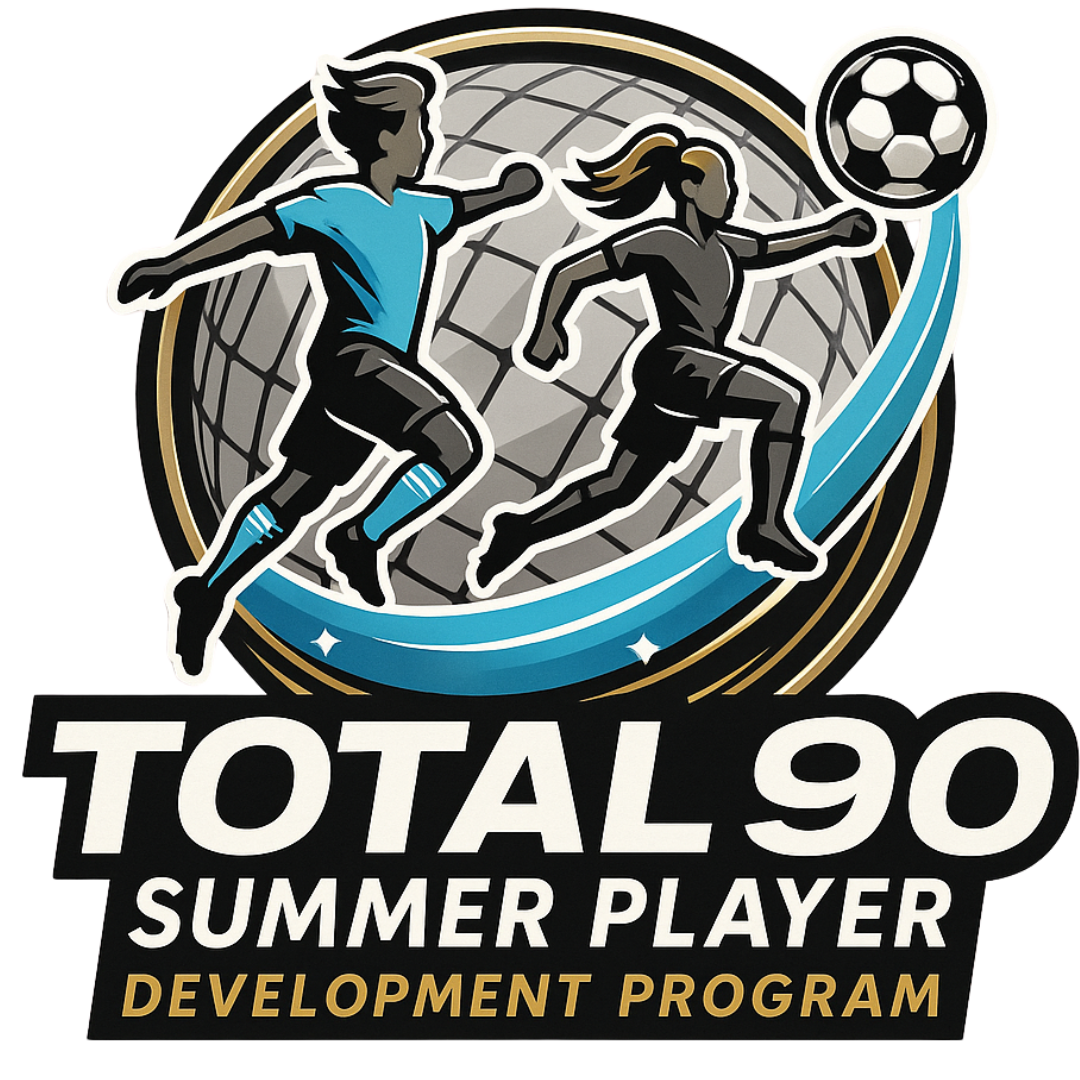 Soccer players, male and female, reach for ball in a summer development program logo.