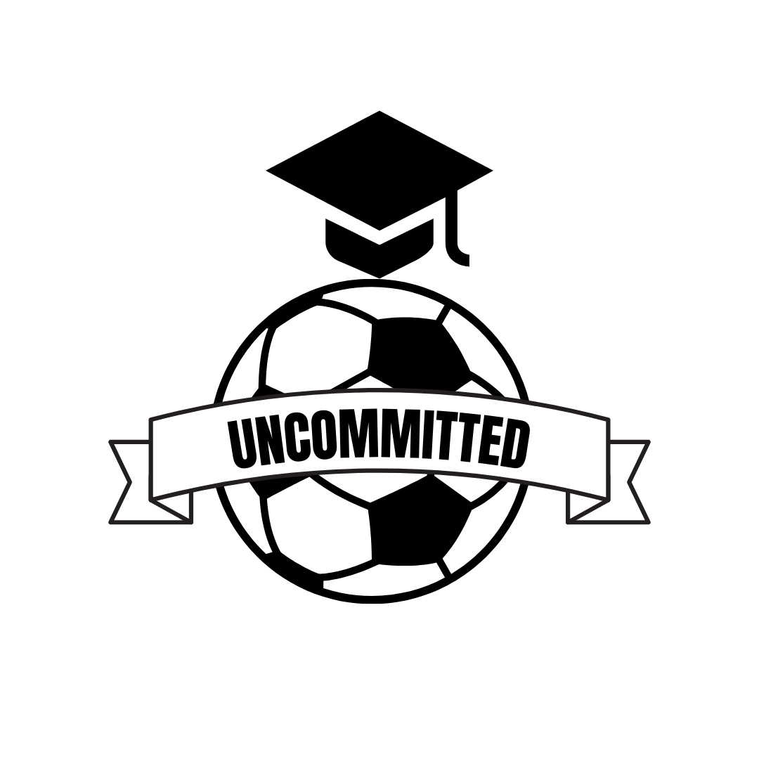 Black and white logo: soccer ball with graduation cap, banner reads