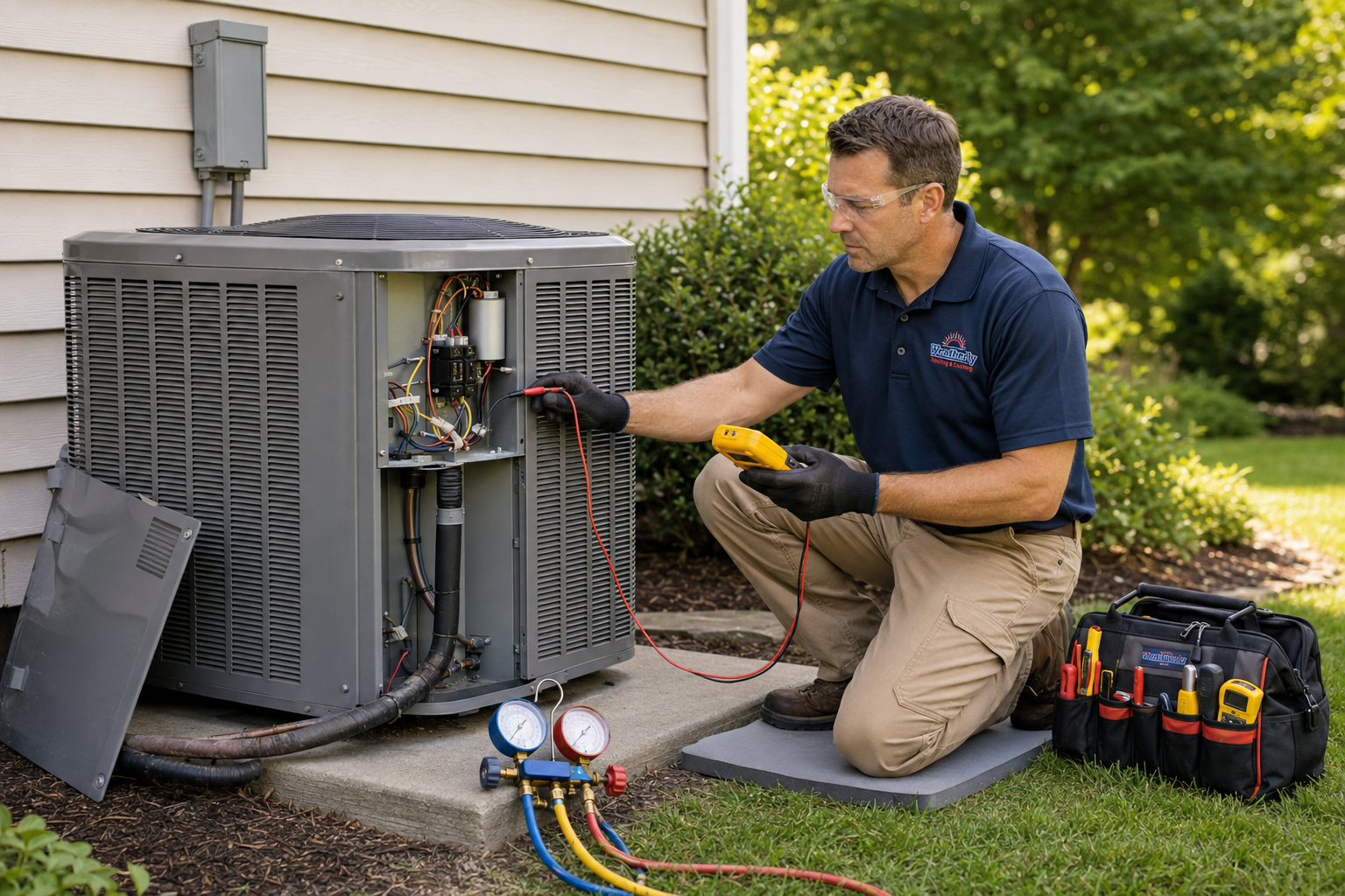 Outdoor air conditioner unit beside a blue house wall on a snowy roof or patio