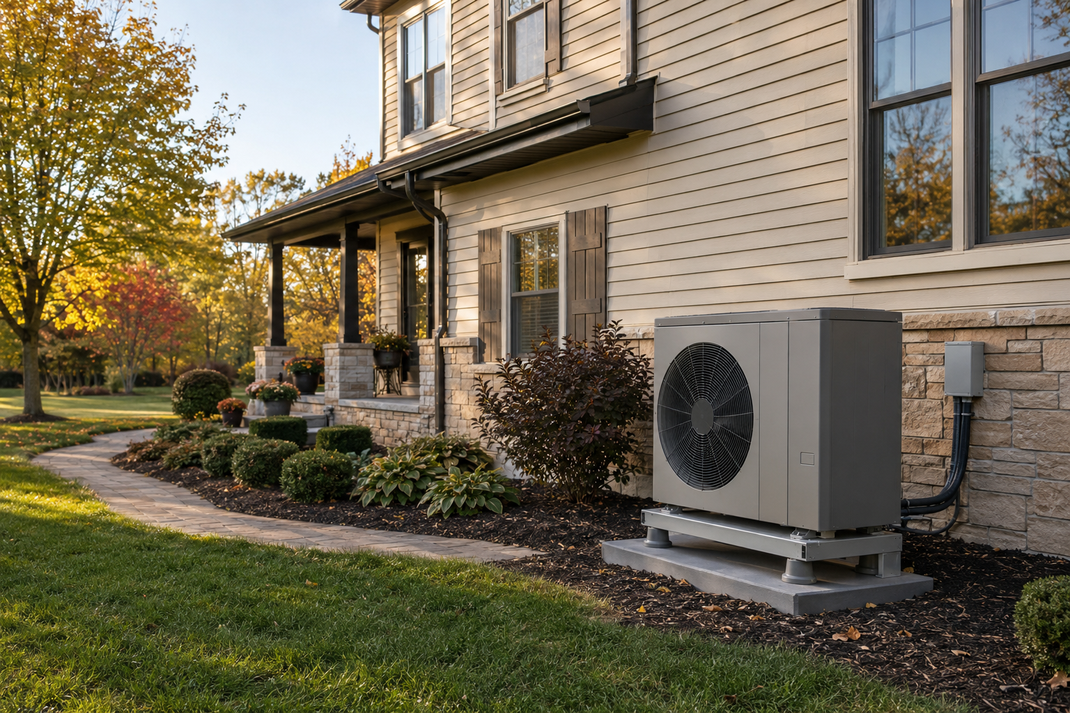 Outdoor heat pump unit on a snowy ground beside a brick wall, with a large fan visible.