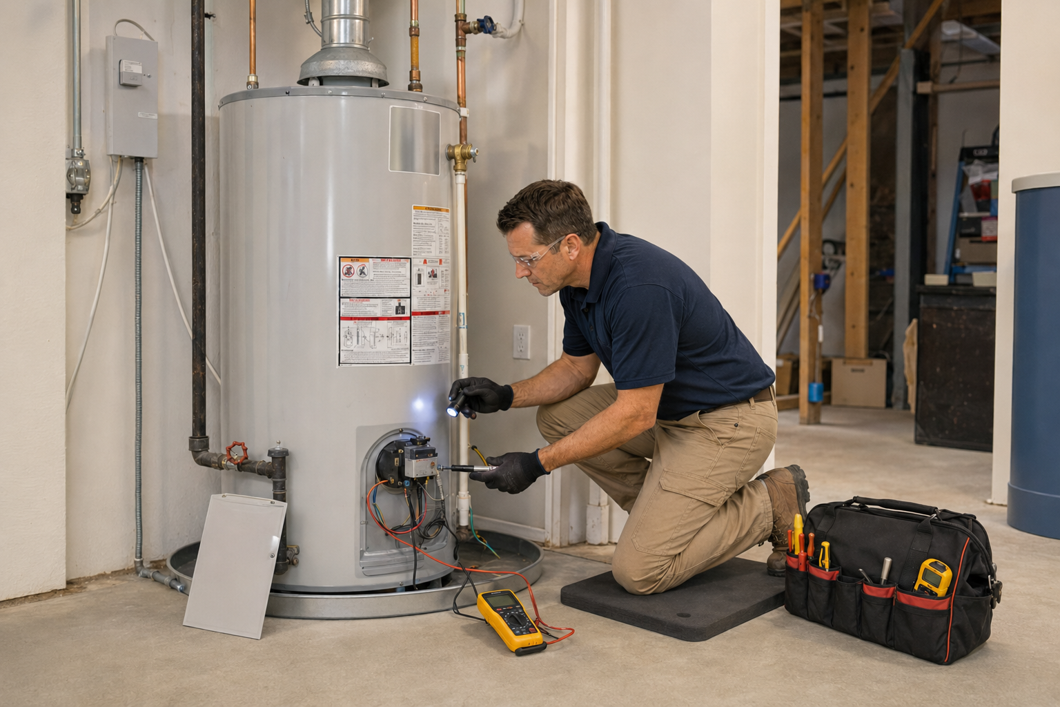 Water heater in a utility room beside electrical panels and a blue toolbox.
