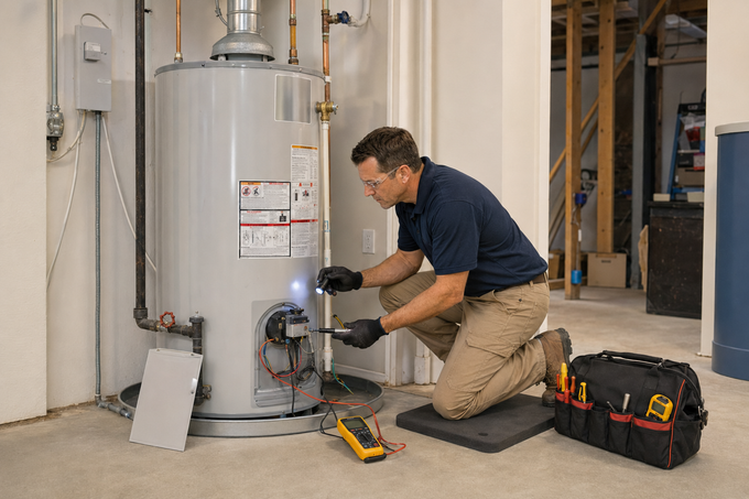 Gray water heater in a utility room beside an electrical panel and cleaning tools.