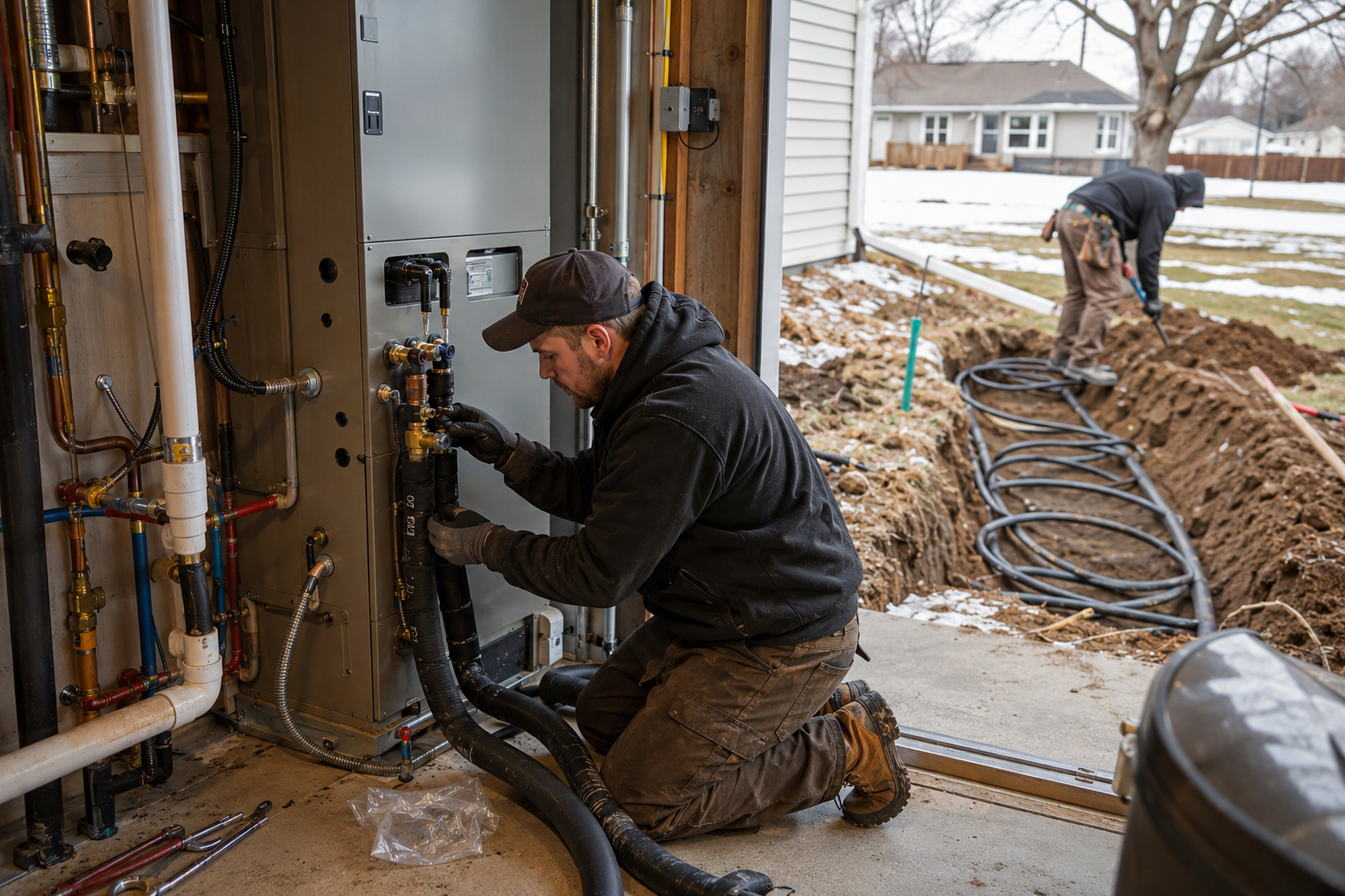 Worker kneeling beside a utility tank, handling pipes in a basement or crawlspace during construction work