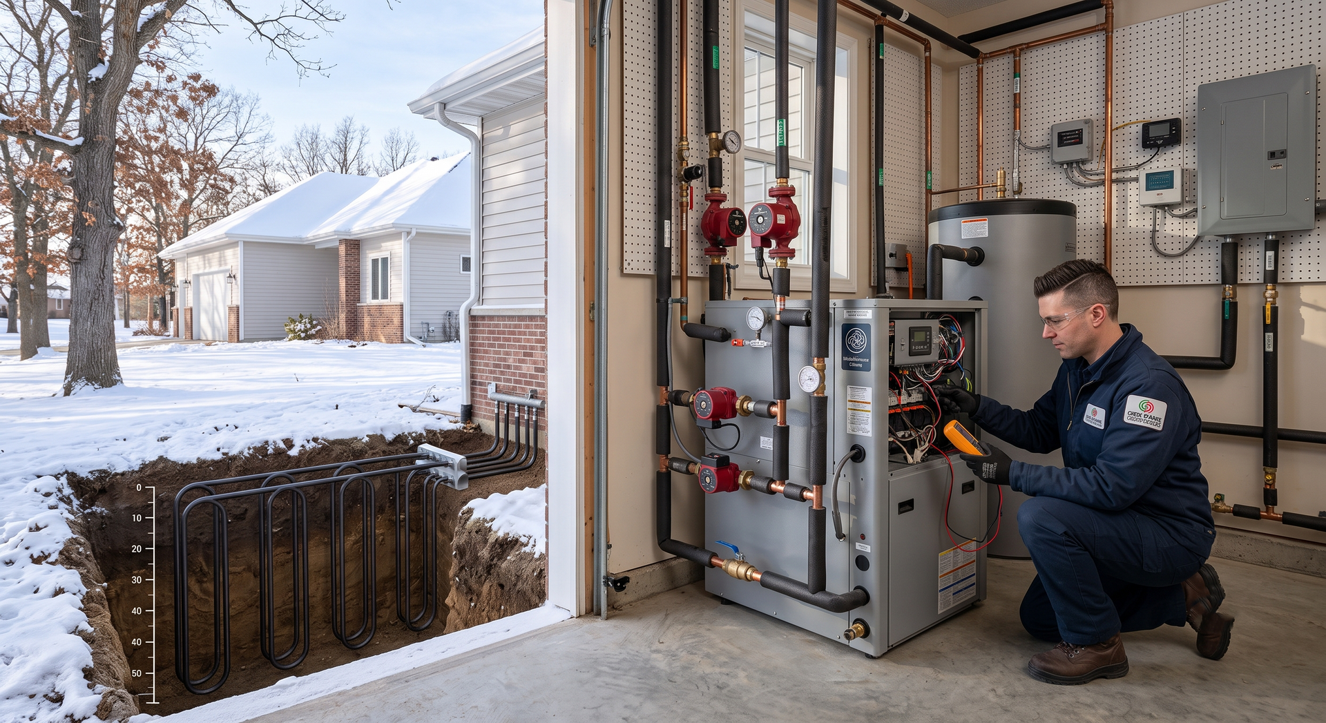 Technician kneels beside a basement heat pump unit in an open garage, inspecting pipes in a snowy yard.