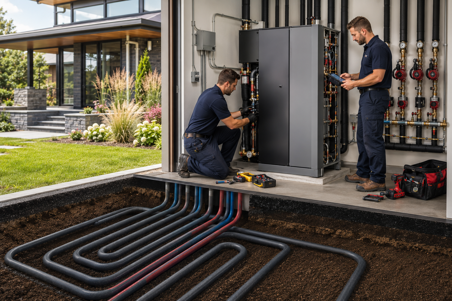Two technicians installing a gray heating system with exposed black pipes beside a modern house.