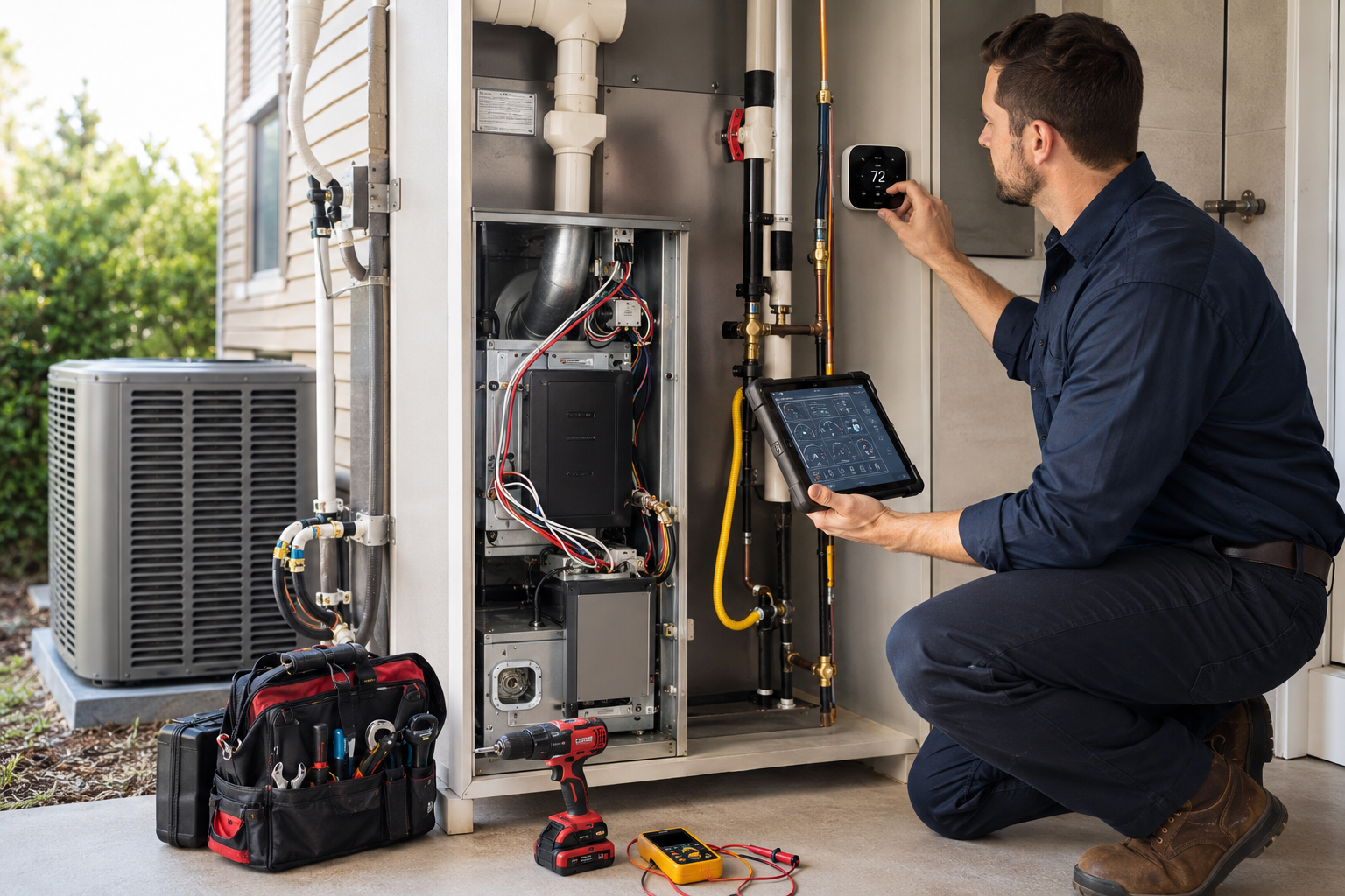 Technician inspecting HVAC system with tablet beside outdoor air unit and tools on the floor