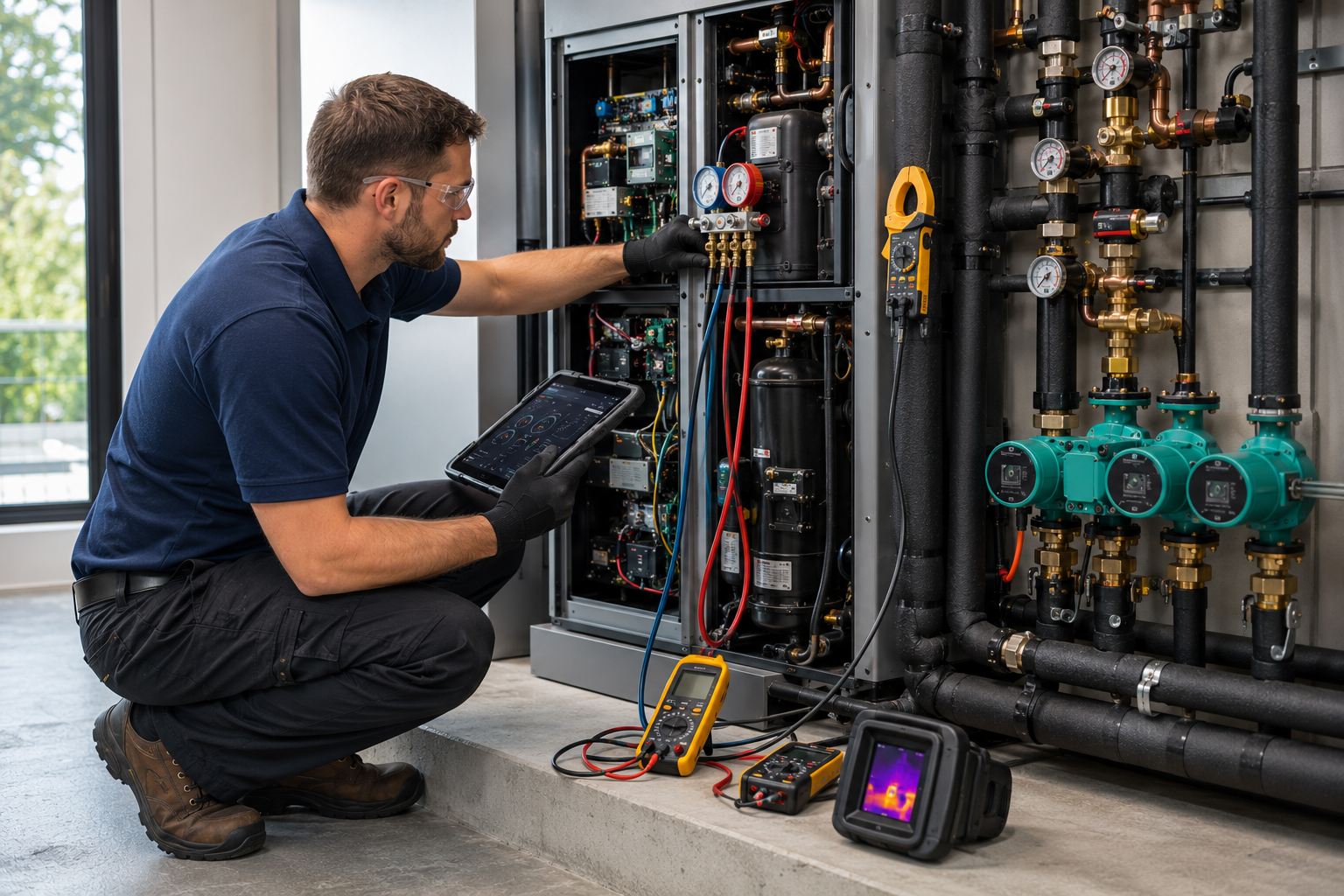 Technician inspecting wiring inside an open electrical control panel with testing tools nearby
