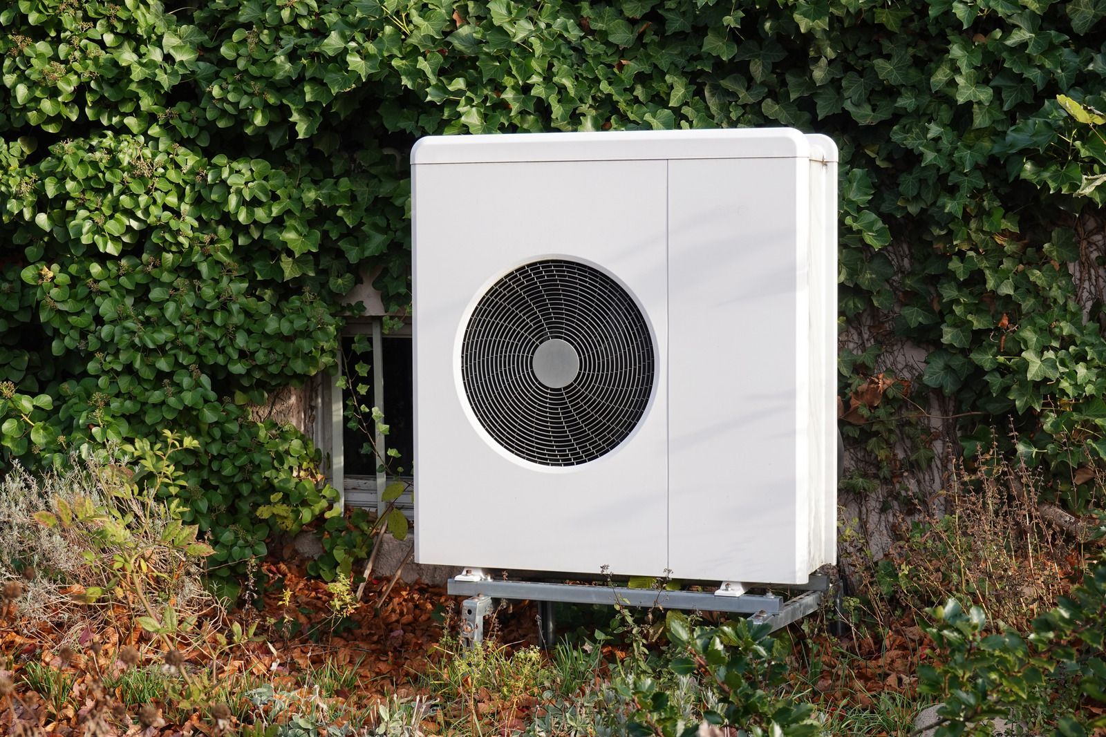 White outdoor air conditioner unit with a black fan, standing against a leafy green wall.