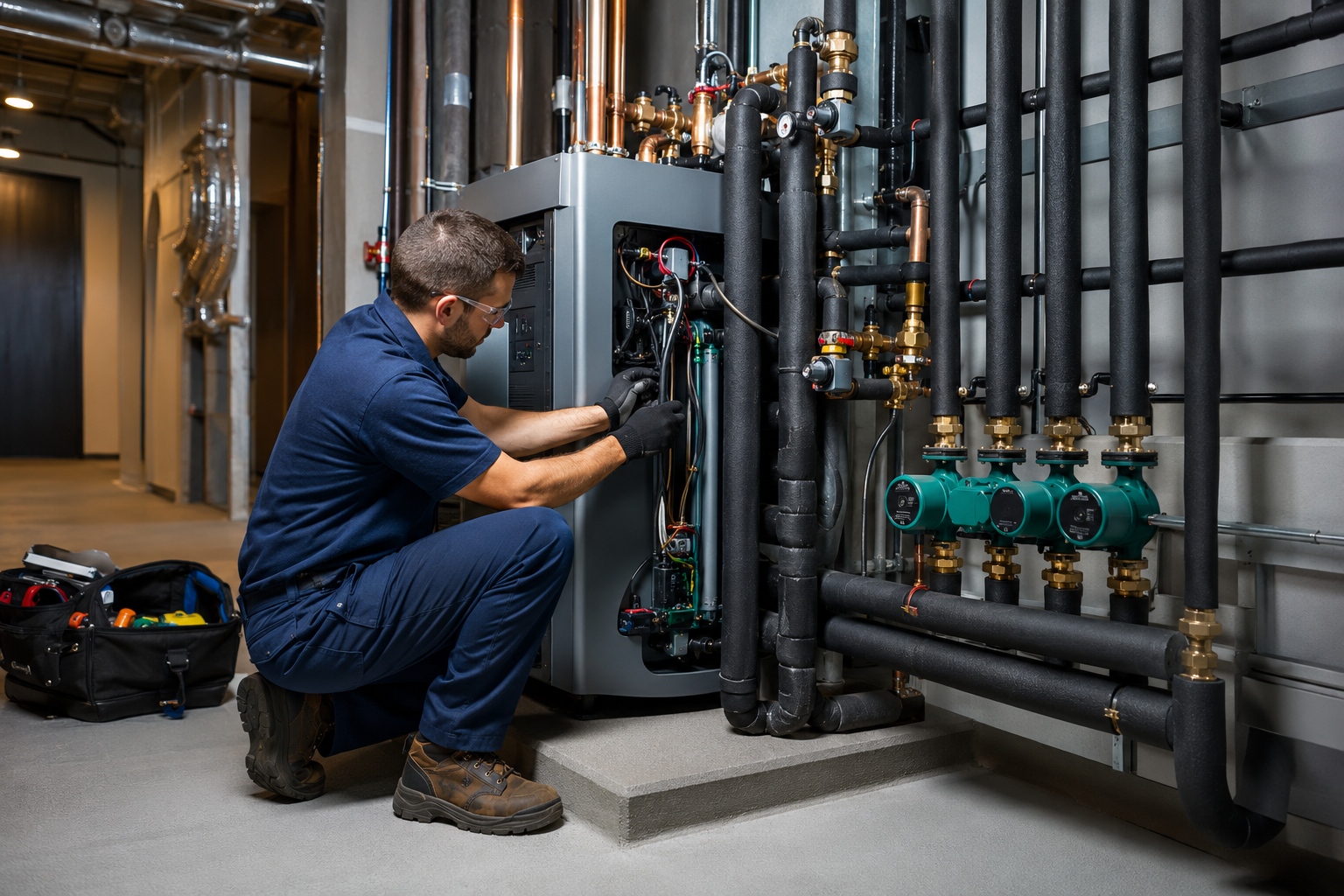 Technician kneeling to inspect plumbing equipment and pipes in a mechanical room.