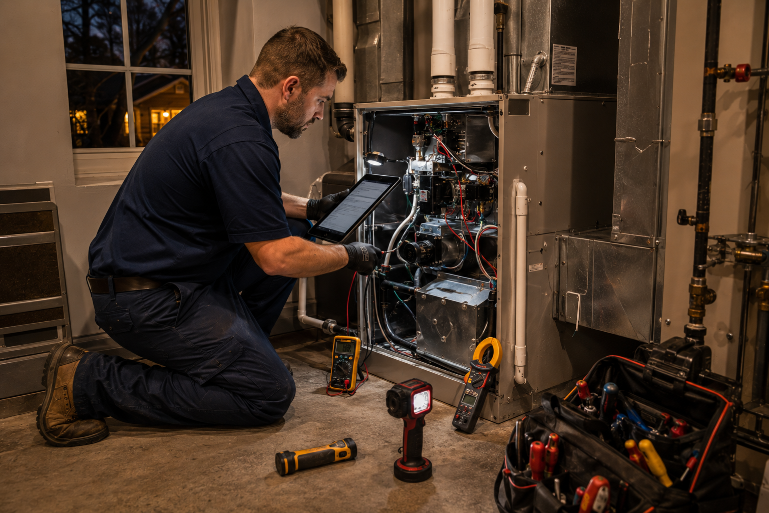 Technician kneels beside an open furnace, using a tablet and tools in a basement utility room.