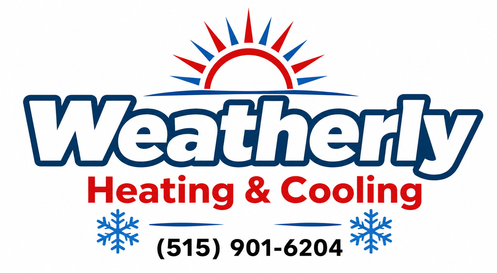 Weatherly Heating & Cooling logo with sun, snowflakes, and phone number (515) 901-6204