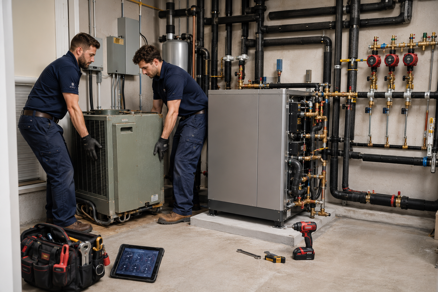 Two technicians servicing large HVAC units in a mechanical room with pipes and tools
