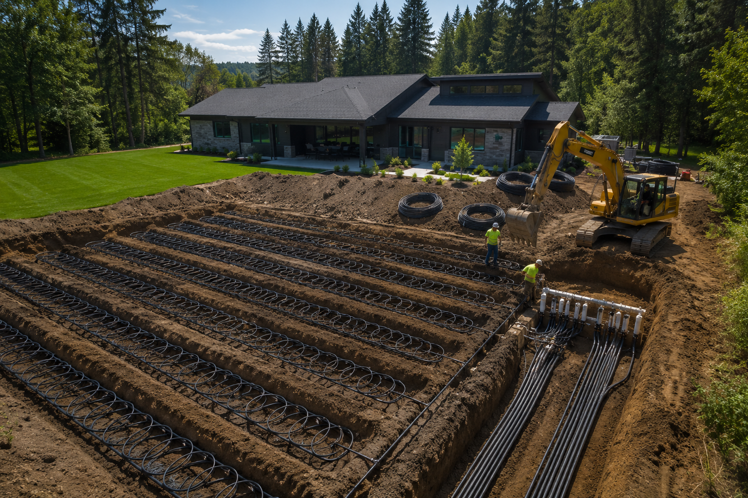 Large garden being prepared with rows of soil beside a house, with excavators and workers in a forested area