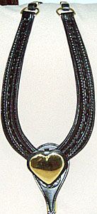 A dark brown multi-strand necklace with a gold heart pendant.