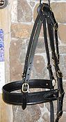Black horse bridle hanging on a stone wall.