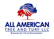 Logo for All American Tree and Turf LLC, tree illustration in red, white, and blue colors.