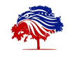 Eagle head and tree combined, colored red, white, and blue, representing American symbolism.