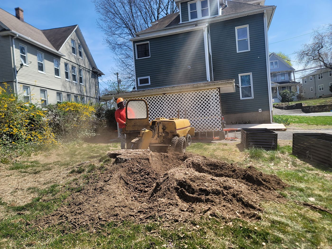 A person operating a stump grinder outdoors, creating wood chips near a house.
